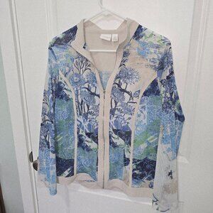 Weekends by Chicos Jacket Lightweight Sheer Blue Cream Green Size Large